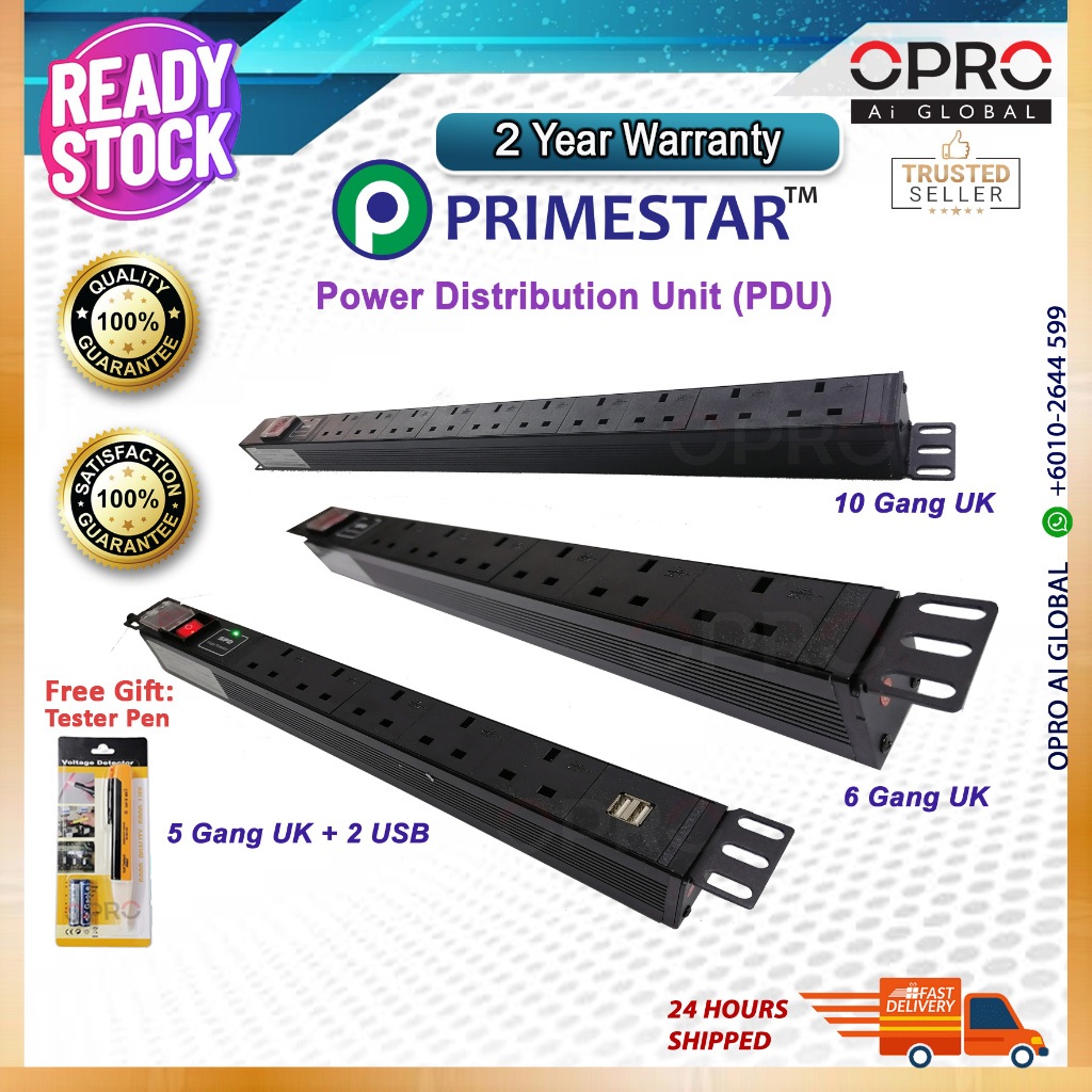 [FULL COPPER] Primestar Sirim Surge/Lightning Protection 19inch Server Rack PDU 5/6/10Gang 13A (Power Distribution Unit)