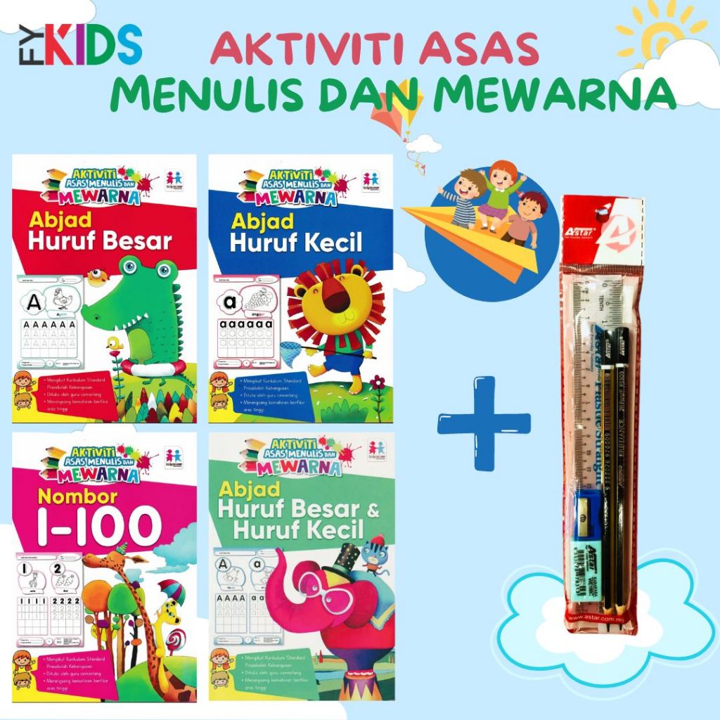 Buku aktiviti pra sekolah-AKTIVITI ASAS MENULIS DAN MEWARNA BERSETA PENSIL- Buku Mewarna-buku aktiviti-buku latihan