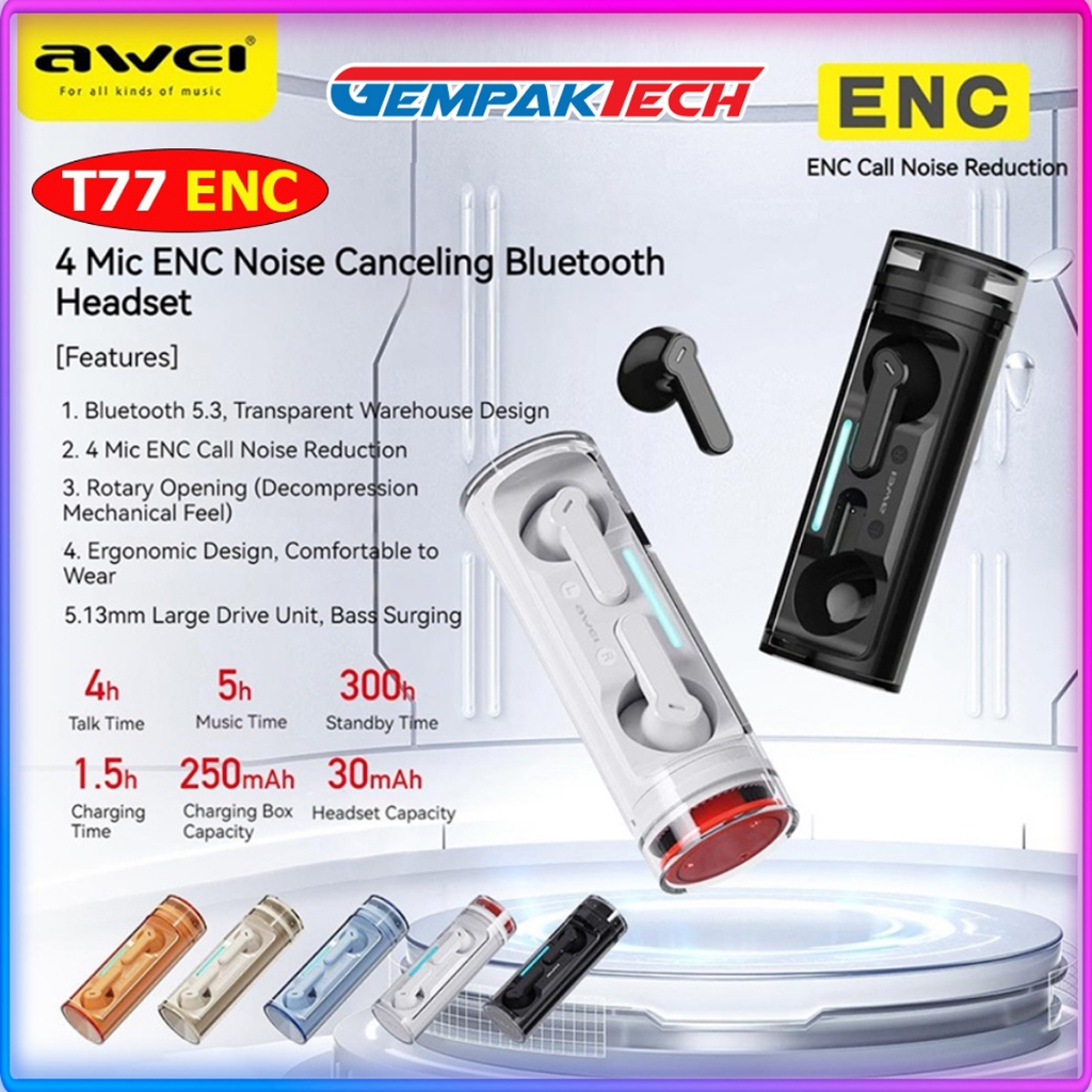 Awei T77 ENC 4 Mics TWS Bluetooth earphone V5.3 Bluetooth Wireless Headphones 13mm Large Drive Unites Hifi Bass Earbuds