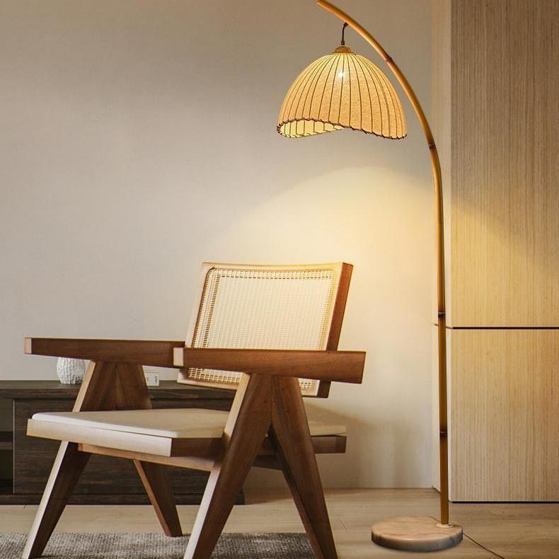 Retro Bamboo Floor Lamp - Unique Bohemian Hanging Arc Floor Lamp with Antique Rattan Style,Dimmable