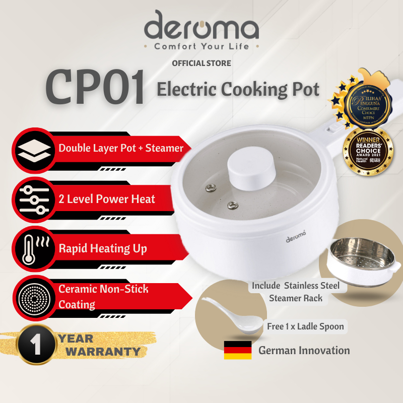 Deroma CP01 Electric Cooking Pot (2 Layer Pot)Multi-functional Non Stick Cook Steamer Frying Boiling Electrical Pot 1.5L