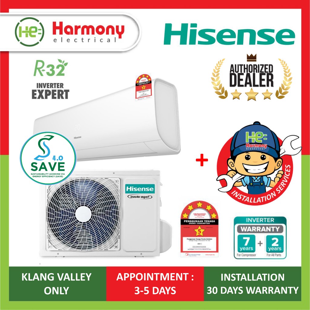 FAST INSTALL KL (5 STARS) HISENSE 1.0hp /1.5hp R32 Inverter Air Conditioner AI10TUGS / AI13TUGS Air Cond 冷气