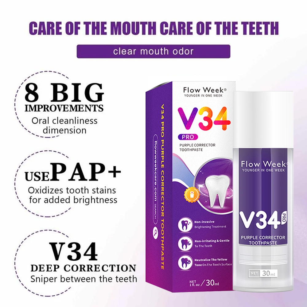 FlowWeek Teeth Whitening Toothpaste V34Pro Purple Toothpaste Ubat Pemutih Gigi Putih Dental Colour Corrector 美白牙齿 牙膏