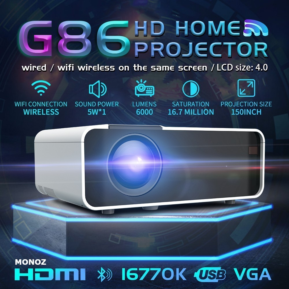 🔥10 Years Warranty 🔥MONOZ 6000 lumens G86 Projector FULL HD 1080P Android Mini Projector WIFI LCD A80 Protable Projector