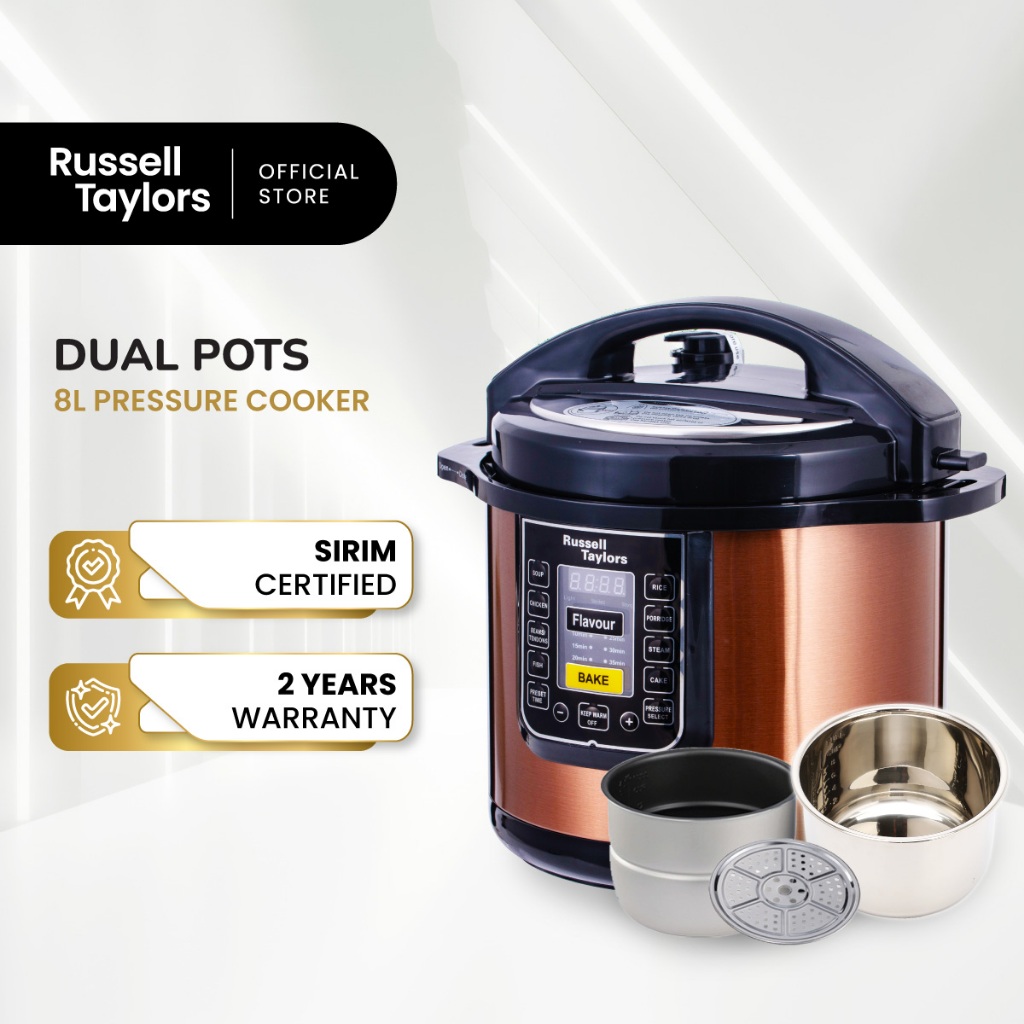 Russell Taylors Dual Pot Pressure Cooker Electric Rice Cooker 2 Inner Pots + 1 Steam Rack (8L) PC-80