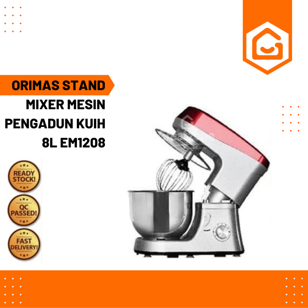 READY STOCK ORIMAS STAND MIXER MESIN PENGADUN KUIH 8L EM1208