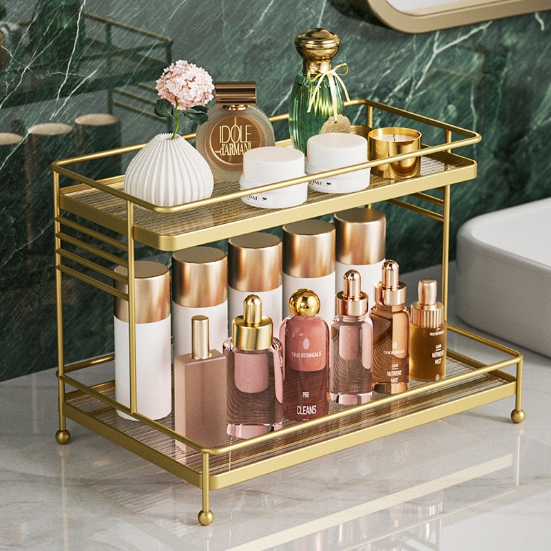 Luxury Countertop Perfume Holder Make Up Cosmetics Skincare Organizer Gold Rack Double Layer Large Capacity Cosmetic Ski