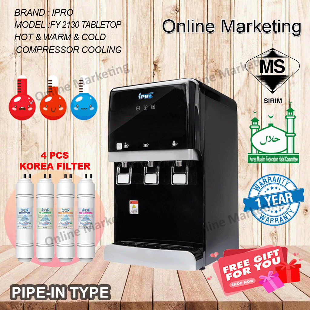 iPRO Alkaline Water Dispenser Hot & Warm & Cold Model: FY2130 with 4 Korea Water  Filter - Compressor Cooling