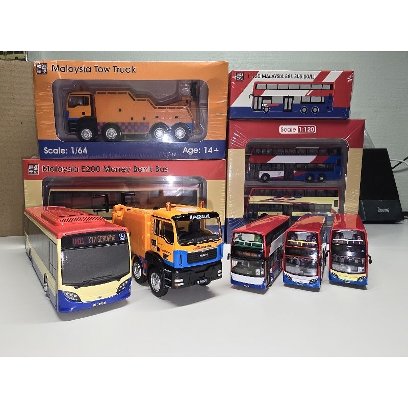 Rapid KL Penang Double Decker Bus MMC E200, E500, Volvo B8L, Man Tow Truck, Q Bomba MDX diecast Singapore SG_BC_BUS