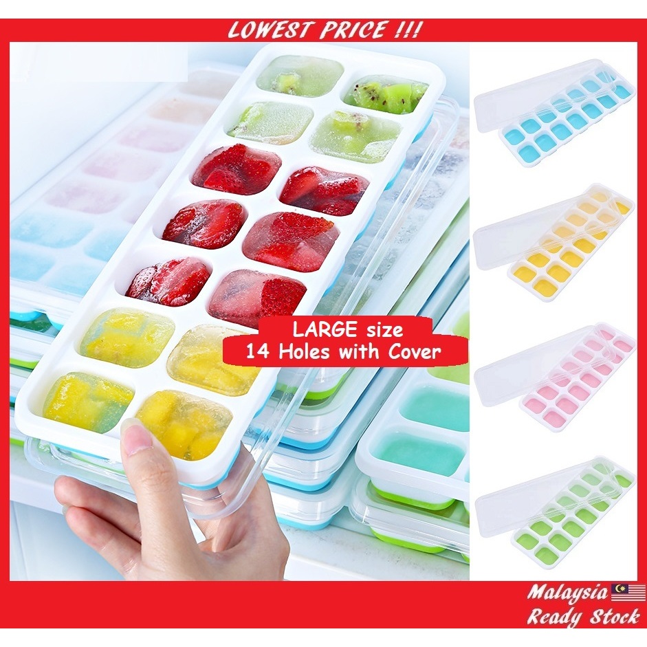 Silicone Ice Cube Tray 14 Holes with Cover Food Jelly Ice Maker Tray Bekas Air Batu