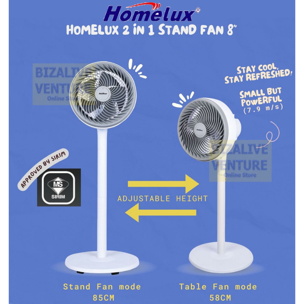 Homelux 2 in 1 Stand Fan (8") | Adjustable Fan | Sirim Approved Table Fan | Kipas Berdiri | Kipas Meja Kipas Angin