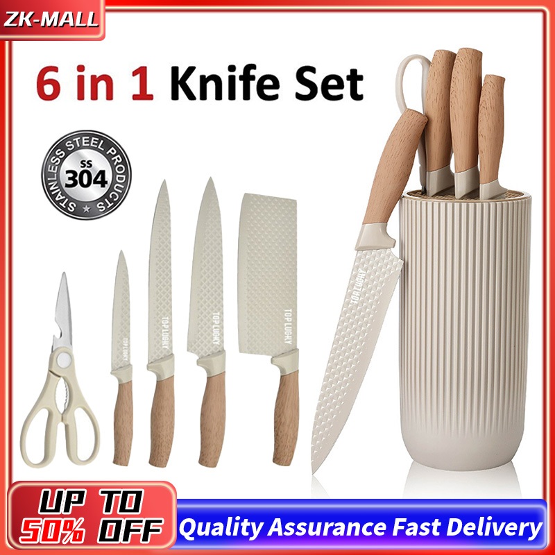 6 IN 1 Knife Set Stainless Steel Kitchen Knife Holder Pisau Dapur Pisau Sayur Cooking Knives Gunting Daging 刀具套装