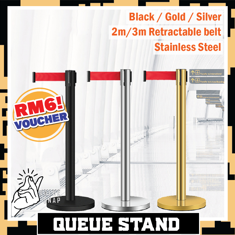 Queue Stand Retractable Belt Barrier Divider Pole Queue Up Stand Stanchion Pelaras Barisan Tali Beratur Stainless Steel