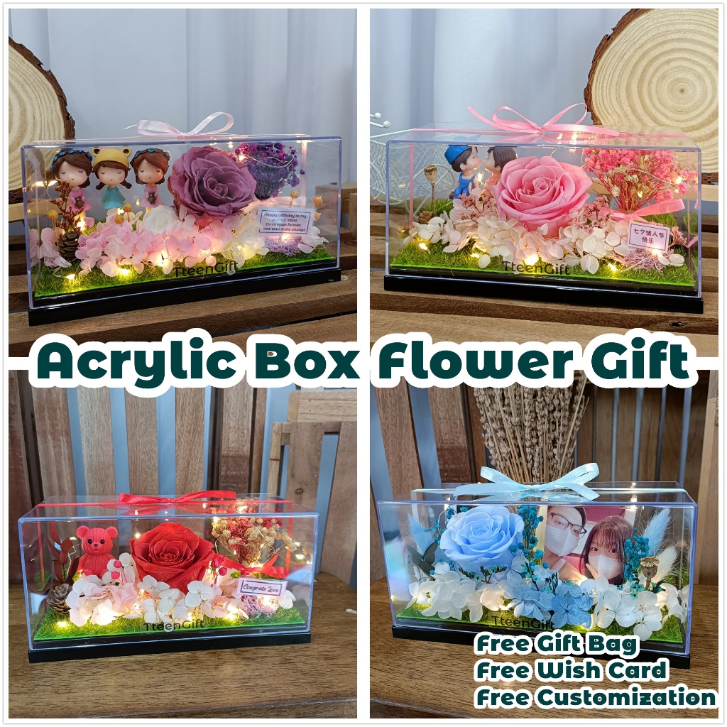 TTEEN GIFT Preserved Flower Acrylic Decoration Box Valentine Birthday Anniversary Home 永生花亚克力盒女友生日礼物