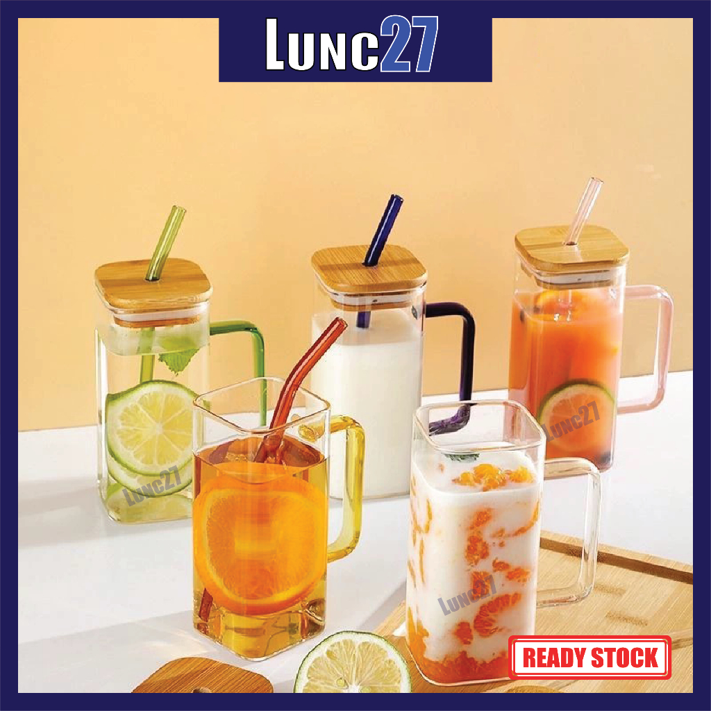 Straw Cup 400ml Square Glass Cup With Bamboo Lid and Straw High Temperature Transparent Square Mug