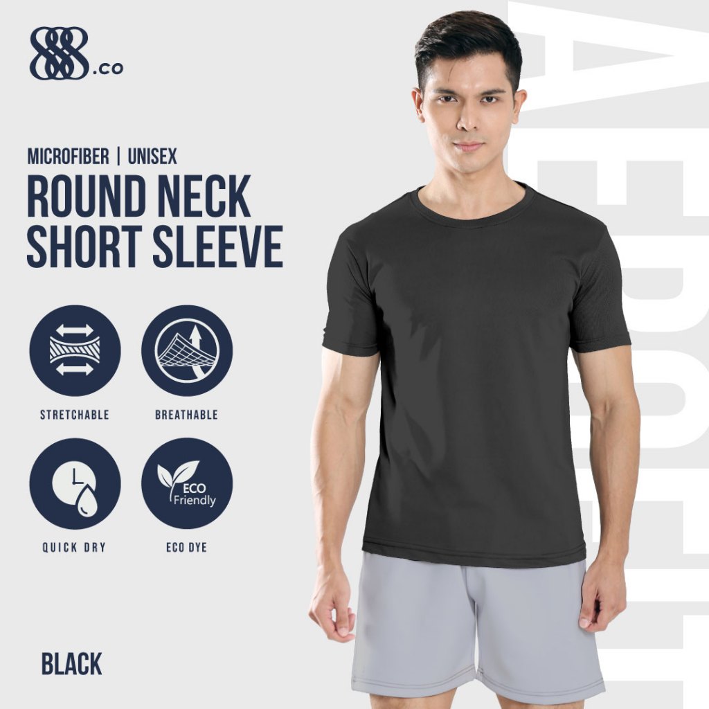 888co AeroFit Microfiber Round neck Short sleeve Tshirt Jersey T shirt Lelaki BLACK