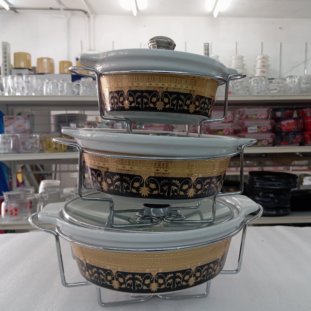 (Ready Stock!!) Round Triple Porcelain 3pcs Food Warmer with Metal Rack-Silver Bekas Lauk Porcelain Dengan Penutup Kaca