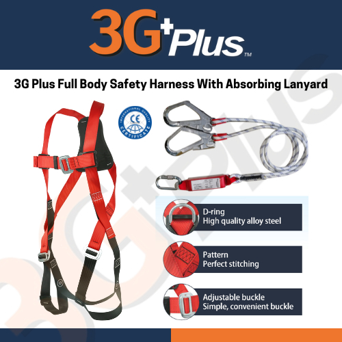 3G Plus Full Body Safety Harness With Double Hook Absorbing Lanyard and Soft Back Pad (CE APPROVED)