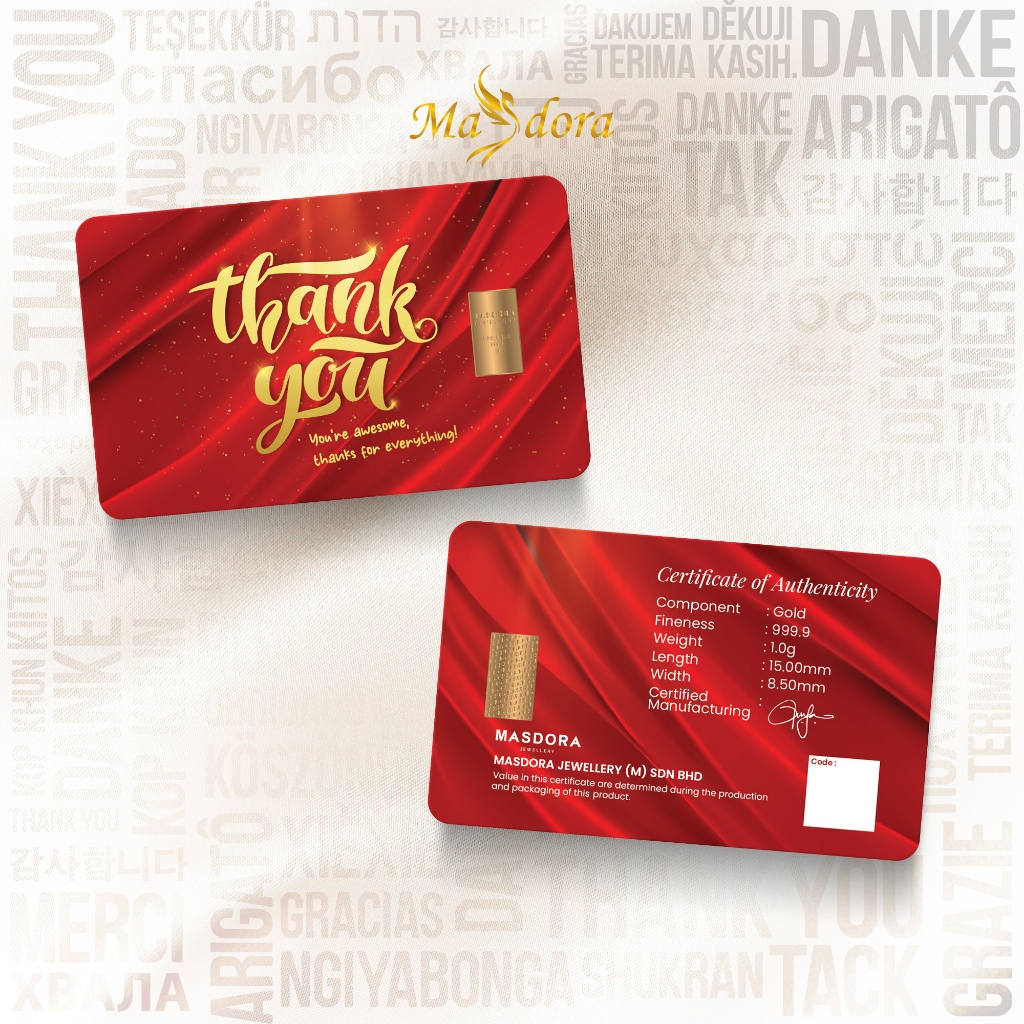 MASDORA 999.9 Gold Bar 1.00GM Gift Series - Thank You (EMAS 999.9/24K)