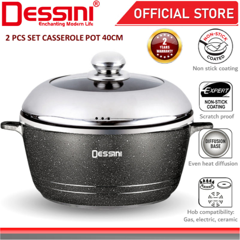 DESSINI ITALY Granite Die Cast Aluminium Non Stick Casserole Pot Bowl Deep Fry Pan Cookware Tool (40cm)