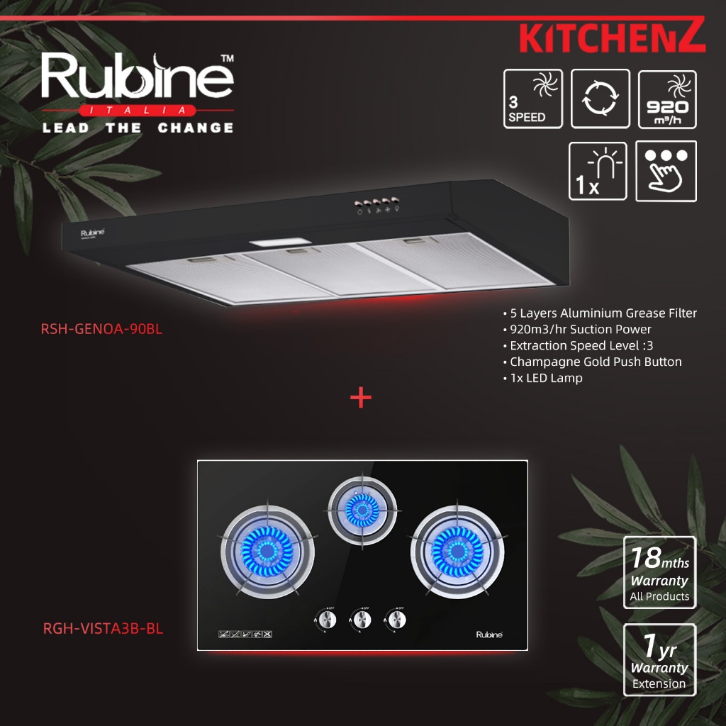 KitchenZ Rubine Genoa 920M³/H Push Button Slim Hood + Glass Stove/Stainless Steel Hob Combo - GENOA-60BL/90BL