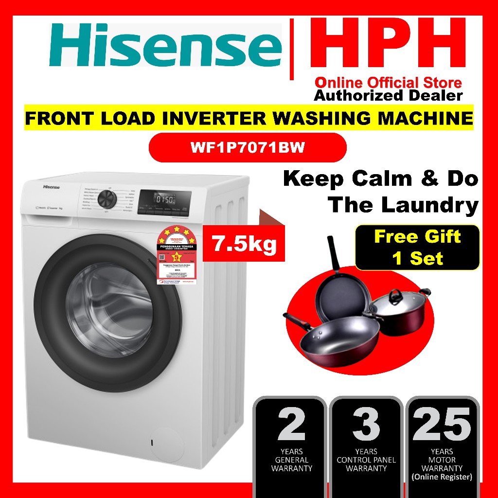 [FREE GIFT] HISENSE FRONT LOAD WASHER 7KG  WF1P7071BW  WASHING MACHINE WITH INVERTER 5 STAR Mesin Basuh 前置式洗衣机 洗衣机