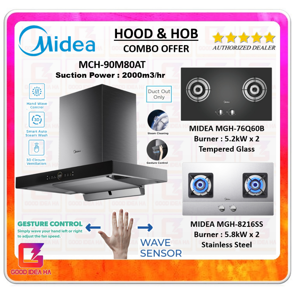 【FREE DUCTING HOSE】Midea Cooker Hood 2000m³/hr MCH-90M80AT Auto-Steam Wash Cleaning Technology