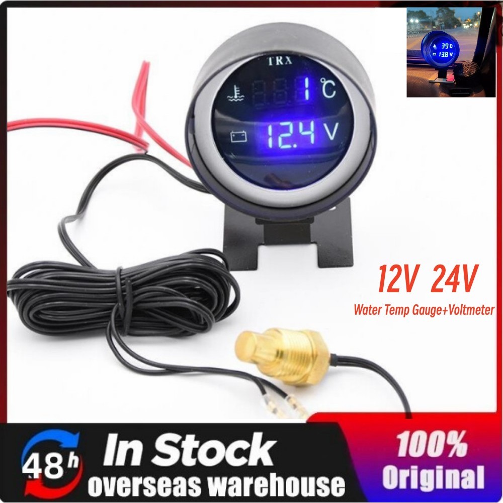 Ready Stock12V 24V 2 in 1 Round LCD Digital Car Truck Moto Water Temp Gauge+Voltmeter Temperature Sensor