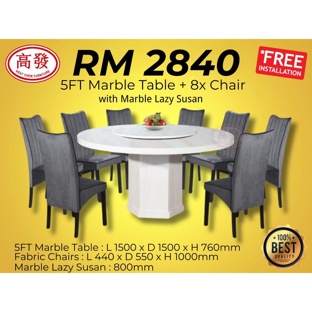 Marble Dining Set 5FT Marble Table With Farbic 8x Chiars Meja Makan Dining Table Marble Table Set