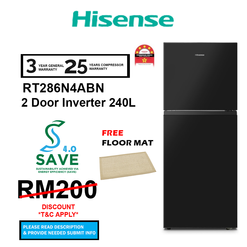 (SAVE 4.0) Hisense 240L RT286N4ABN / 320L 2 Door Inverter RT328N4ABN Fridge Refrigerator (Black) (Free Floor Mat)