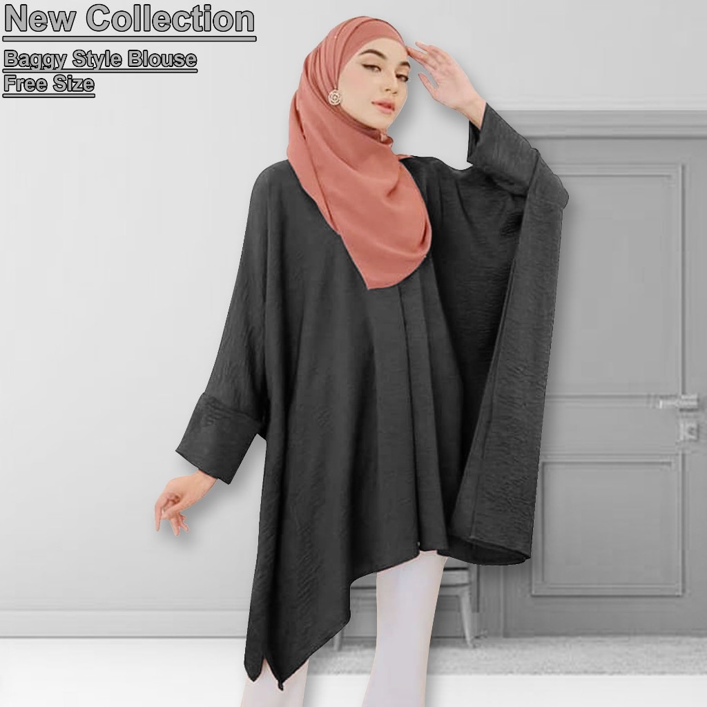 Terkini Korean Style Women Baggy Style Blouse Loose Baju Top Muslimah / Mini Kaftan Viral / Free Size (S to 4XL)
