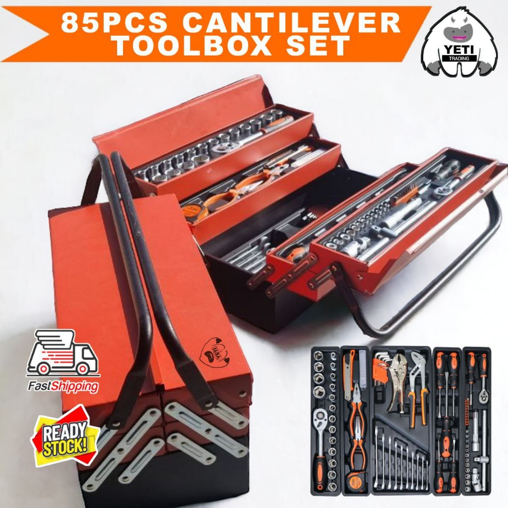 85pcs tools set Cantilever Metal ToolBox Set 5 85pcs Socket Set 1/4&1/2 Spanner Tool Set Toolbox Set