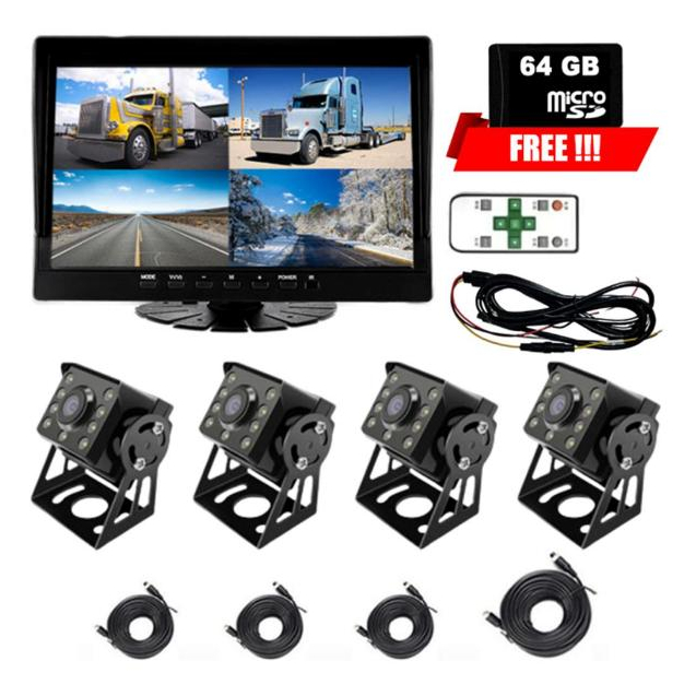 10 Inch Monitor Truck Lorry 360 Driving AHD Camera Recorded Dashcam [ 4 Camera Record In Action ] FREE 64GB SD CARD