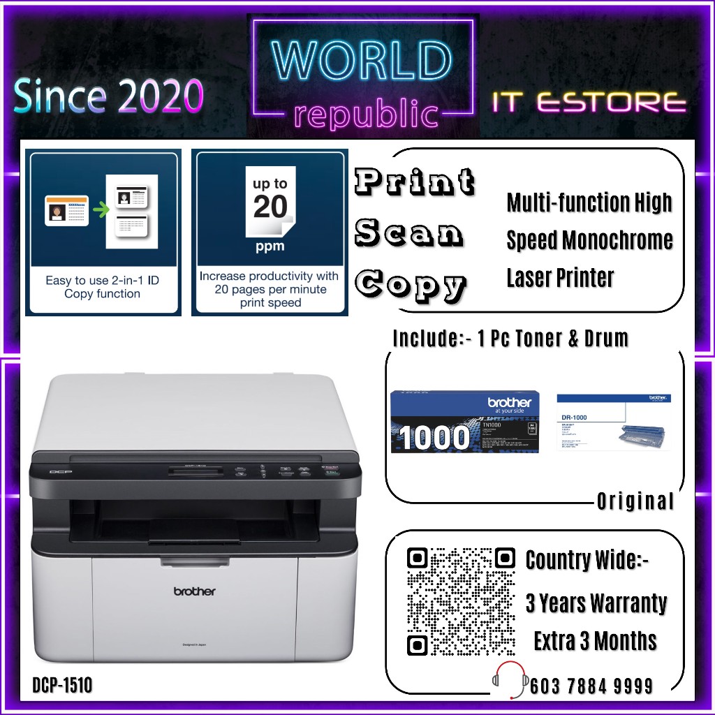 Brother DCP-1510 (Print, Scan, Copy) 3-in-1 Monochorme Compact Laser Printer - TN1000 DR1000 - Similar Canon MF3010