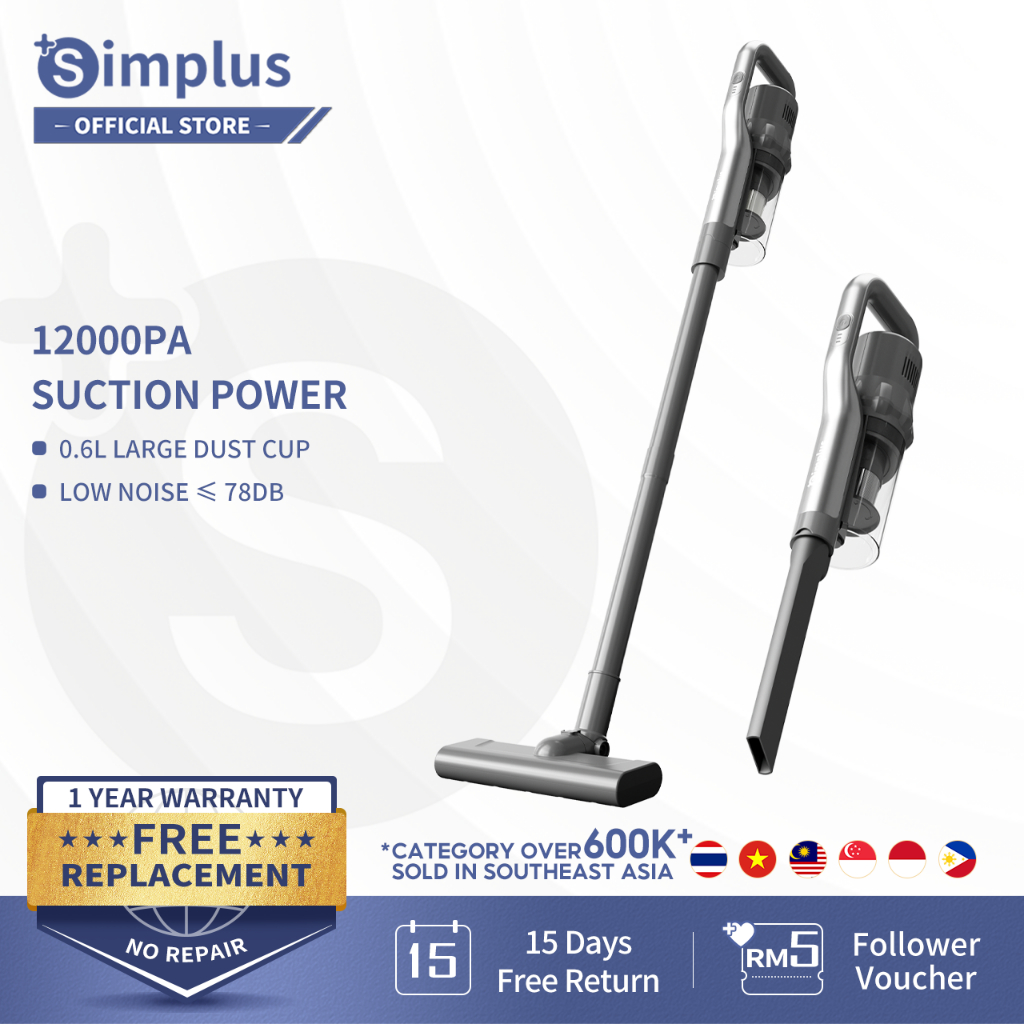 Simplus Vacuum Cleaner Cordless 12000pa 0.6L Dustbin 2 Speed Suction with 3 Crevice Tool and HEPA F9 Washable Filter