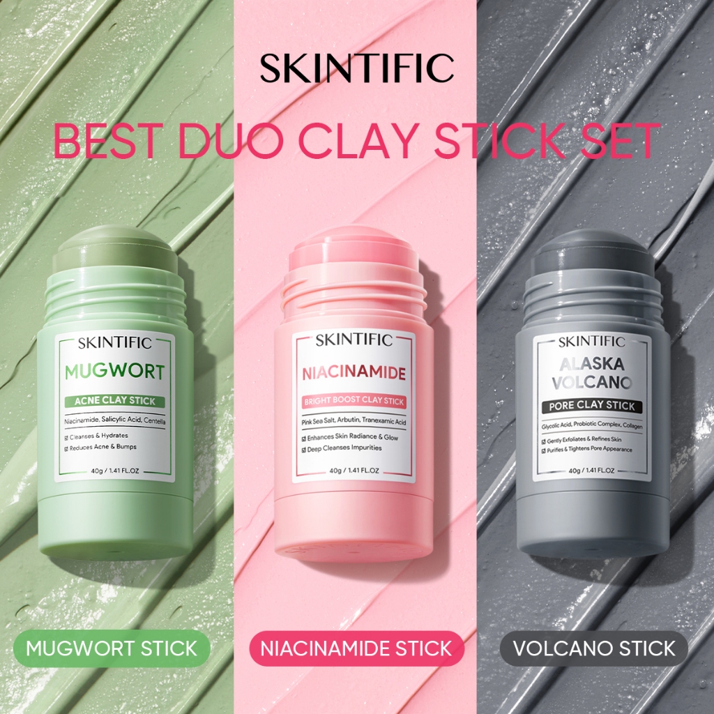 [3pcs]SKINTIFIC Clay Mask Stick kit / Mugwort Clay Mask Stick+ Alaska Volcano Clay Deep Pores Cleansing Clay Mask Stick