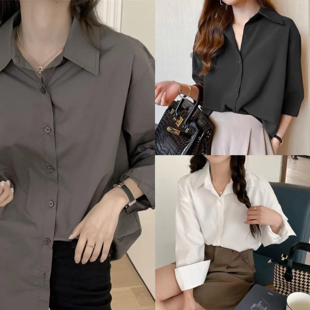 【24H SHIP】Women Blouse Chiffon Long Sleeve Loose casual Plus size Kemeja Perempuan Top