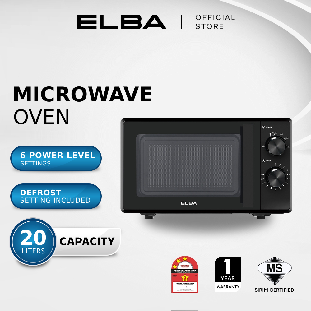 (NEW) ELBA 20L Microwave Oven EMO-Q2078(BK) - 6 Power Level, Defrost Settings - Black (700W)