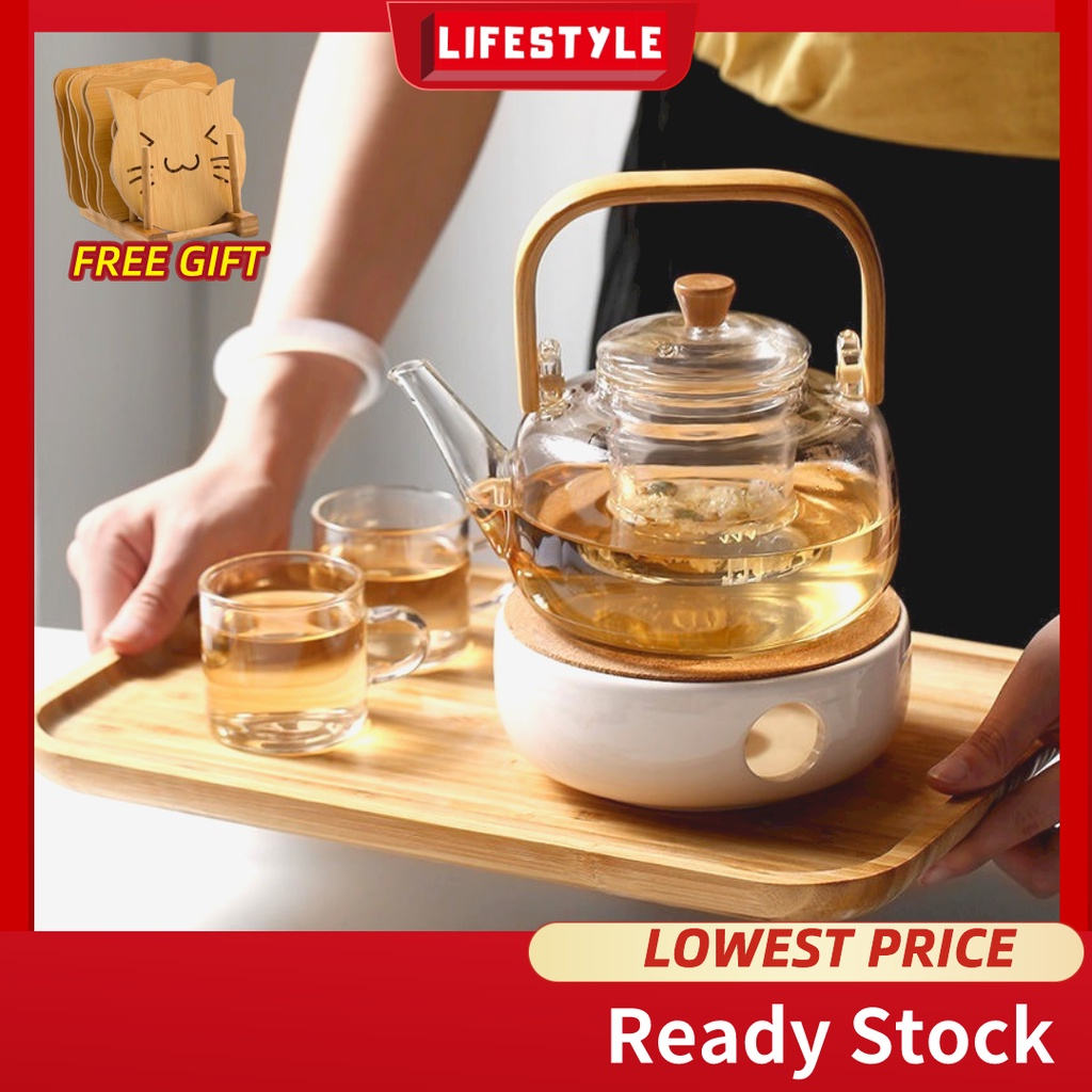 LIFESTYLE Free Gift 1000ml Glass Chinese Tea Pot with Wooden Handle thick Heat-resistant Glass Teapot