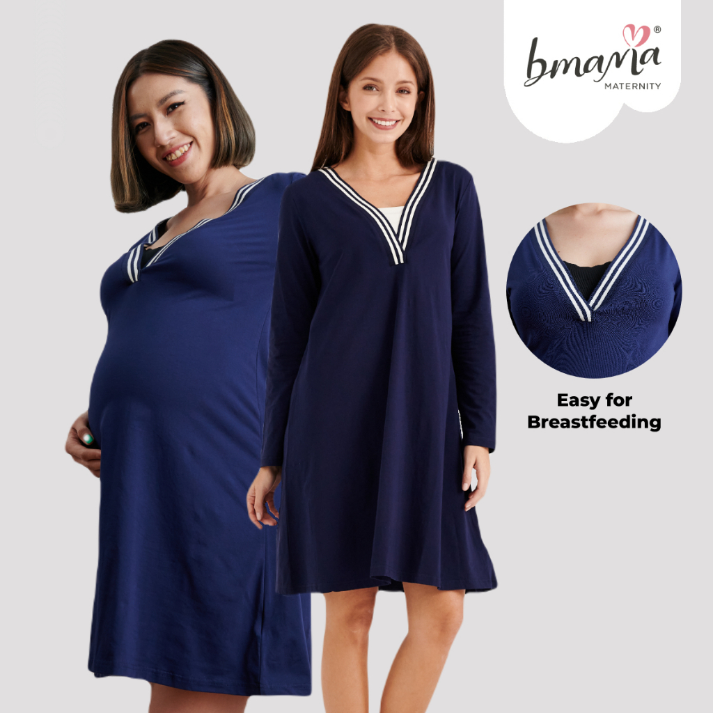 Maternity & Nursing Long Sleeve V-neck Mini Dress Easy Neckline Breastfeeding Access - GM015 Navy