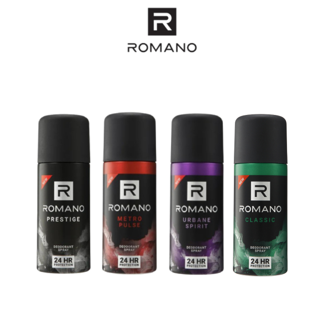 ROMANO Deodorant Spray Masculine Fragrance Anti-Bacterial - Classic/Prestige/Metro Pulse/Urbane Spirit (150ml)