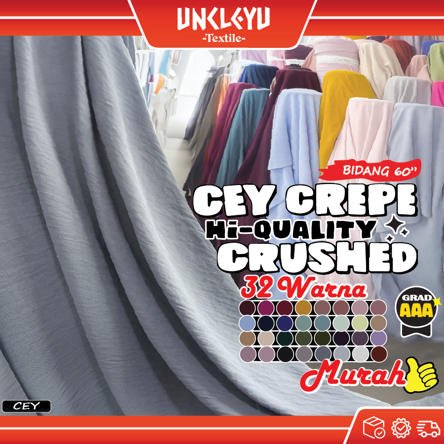 Cey Crepe Hi-Quanlity Crushed Ironless Bidang 60"/Ringan & Selesa/Tahan Kedut & Mudah Dijaga/CEY