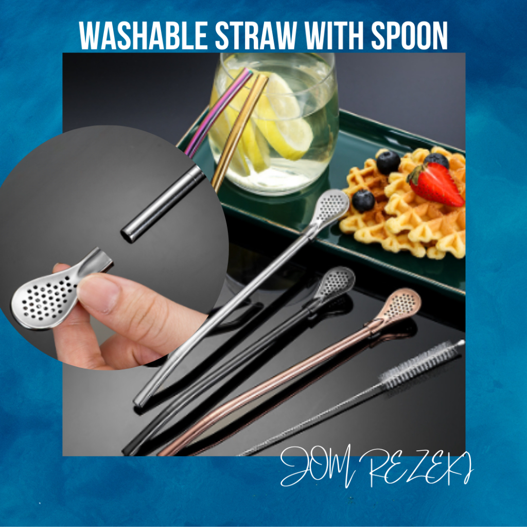 JOM Reusable Stainless Steel Straw Spoon Drinking Metal Straight Bent Filter Washable Cutlery Penyedut Air Sudu