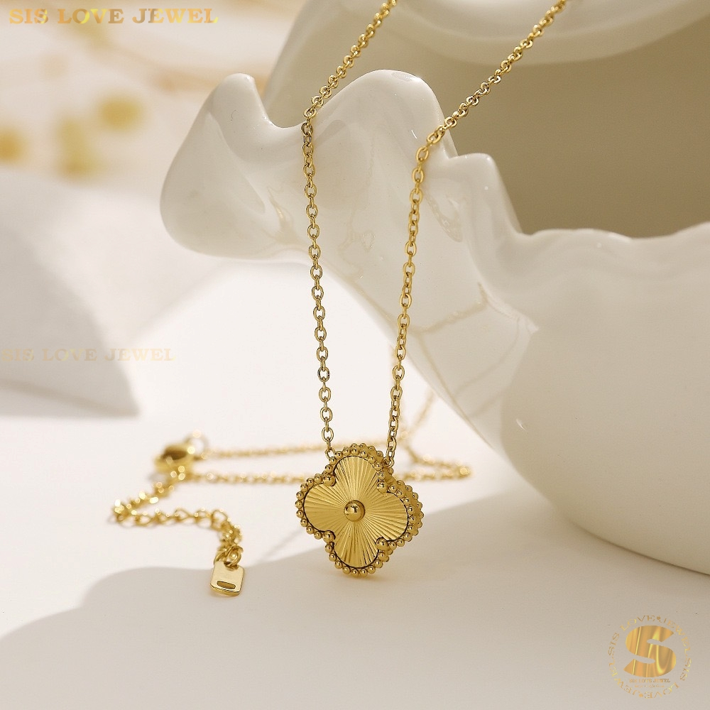 Sis Love Jewel Titanium Steel 18K Gold Plated Laser Clover Pendant Necklace Chain Rantai Leher Women Jewelry N123