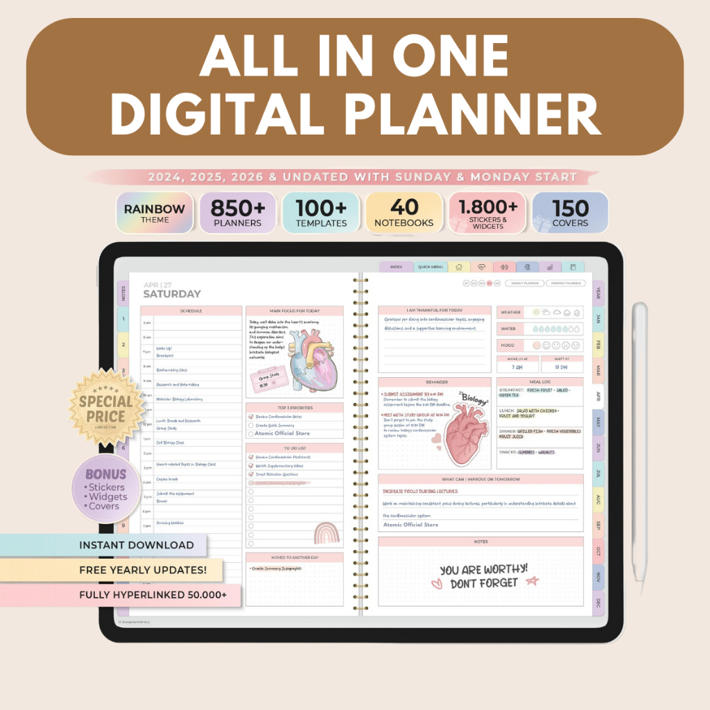 INSTANT All In One Digital Planner 2026 and Undated | Daily Weekly Monthly Planner | Stickers | Goodnotes Template