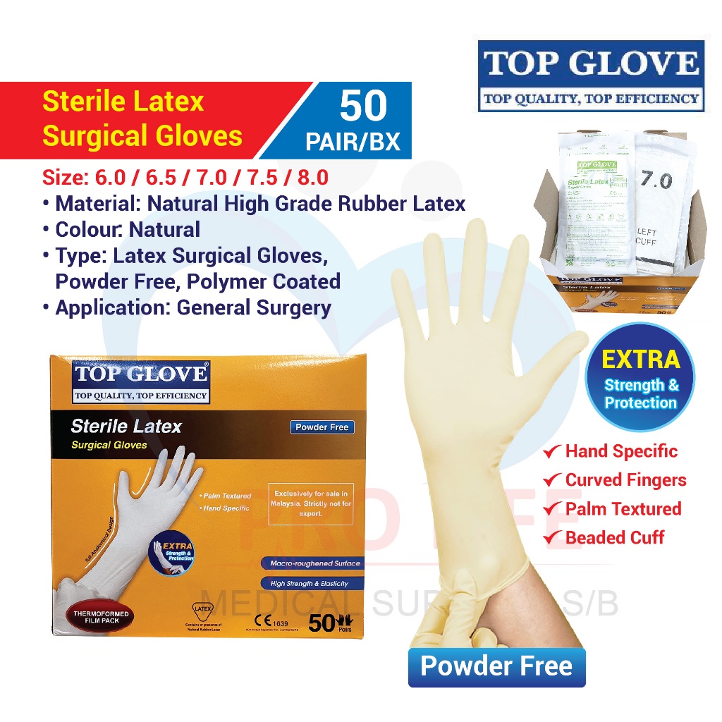 Top Glove Sterile Latex Surgical Glove, Powder Free (50 Pairs Per Box)(Size: 6.0 / 6.5 / 7.0 / 7.5 / 8.0)