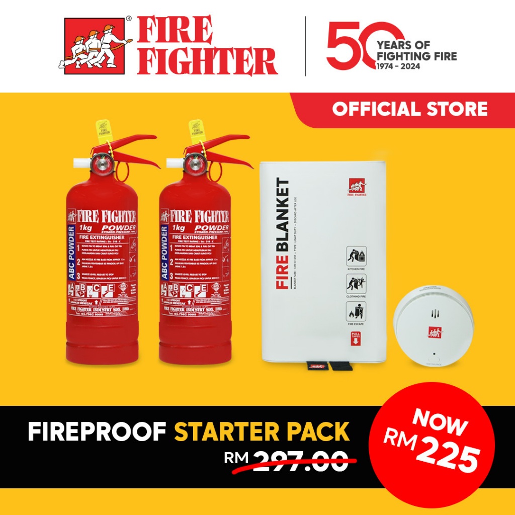 Fire Fighter Fireproof Starter Pack (2x 1kg Fire Extinguisher, 1x 10yr Smoke Detector, 1x Silicone Coated Fire Blanket)