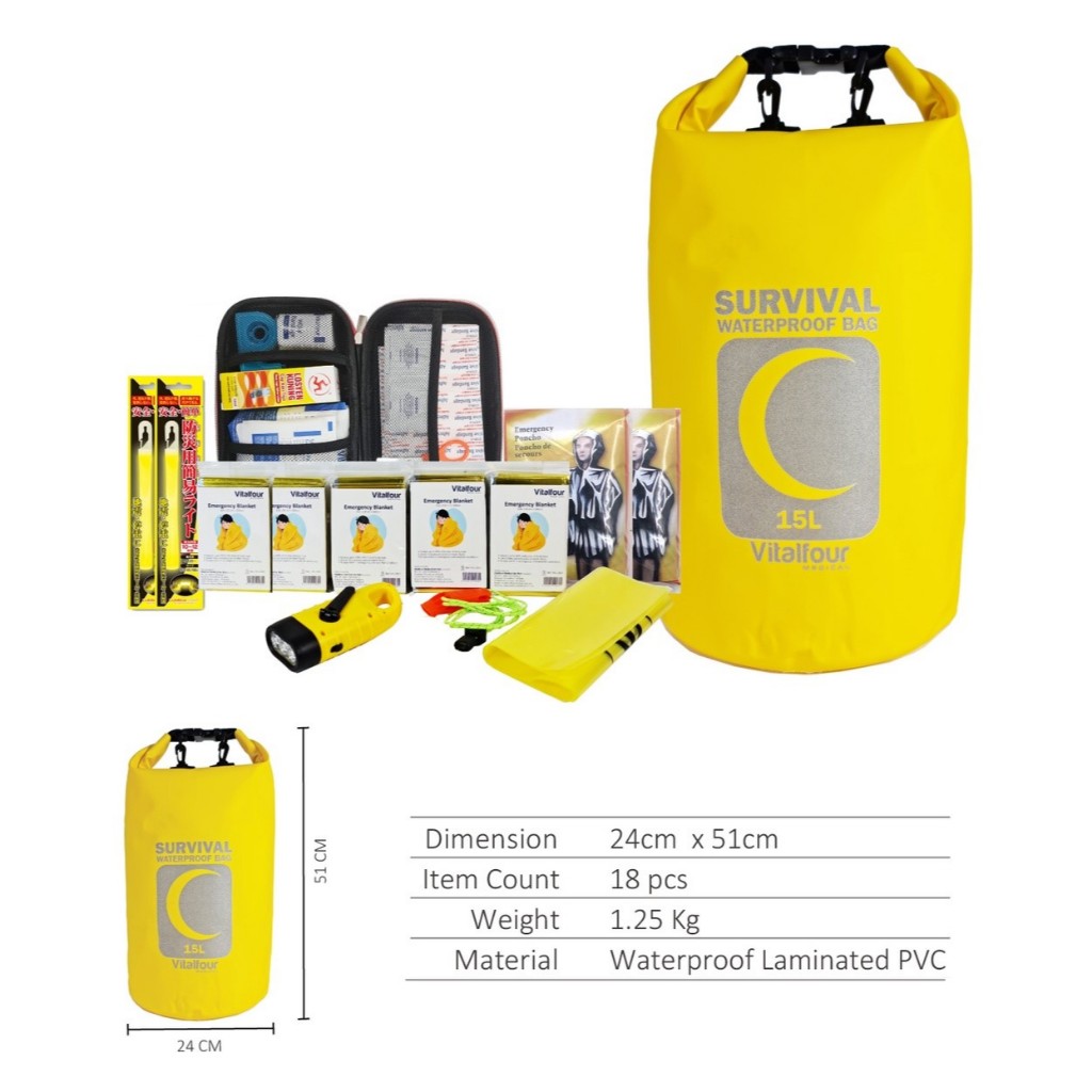 Emergency Vitalfour Premium Waterproof Disaster Preparedness Survival Bag 15L