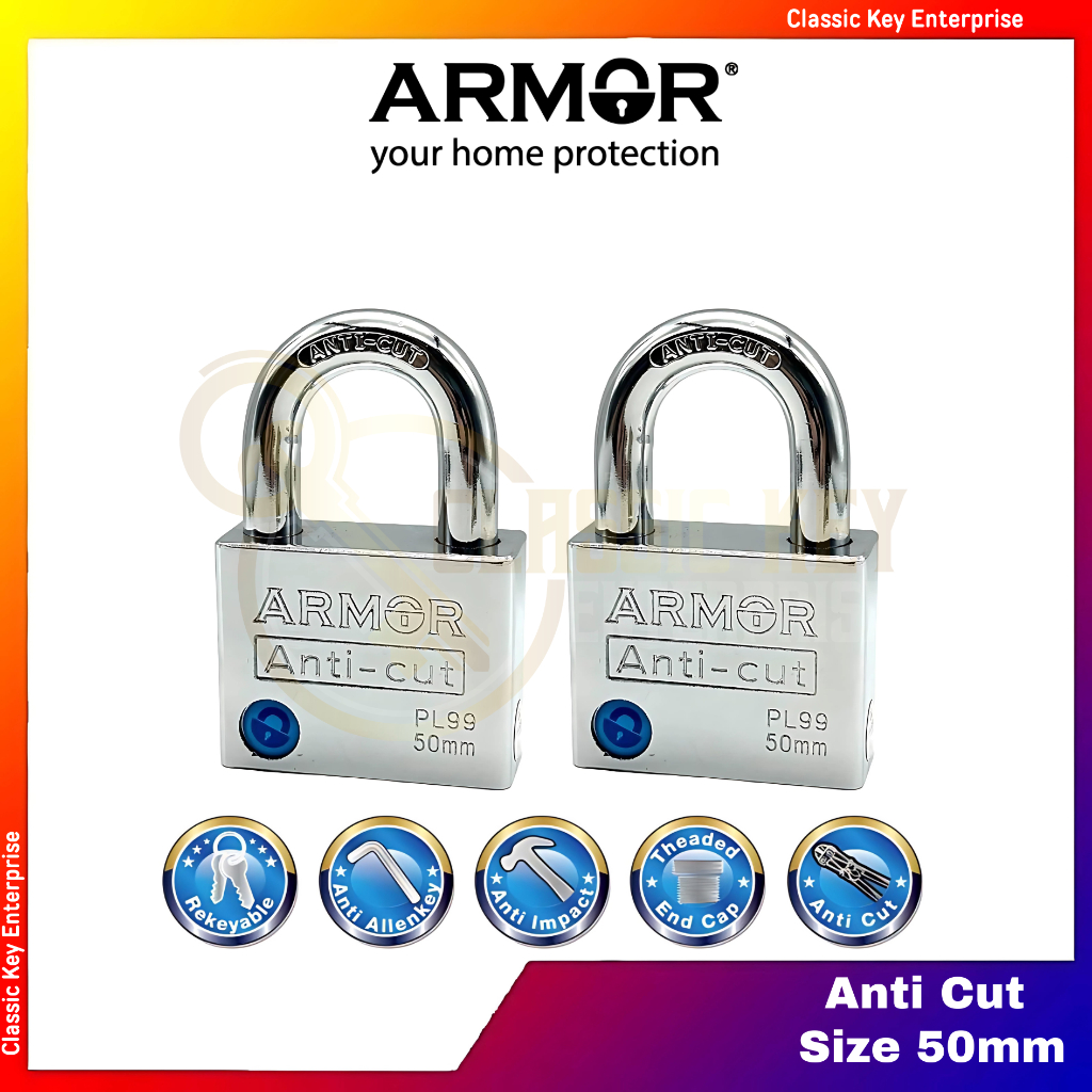 ARMOR Padlock Hardened Steel Body Anti Cut APL-99 (Size 50mm x 2pcs)