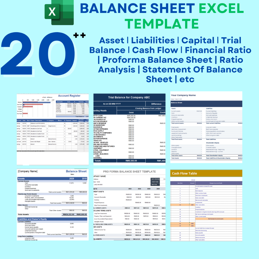 20+ BALANCE SHEET EXCEL TEMPLATE: Asset ǀ Liabilities ǀ Capital ǀ Trial Balance ǀ Cash Flow ǀ Financial Ratio | etc